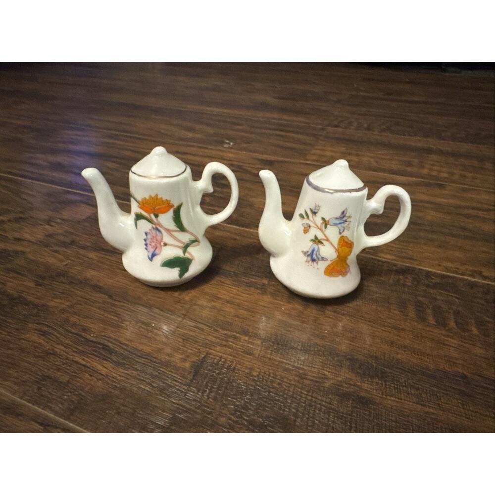 White Teapot Flower Bone China Salt and Pepper Shakers 1982